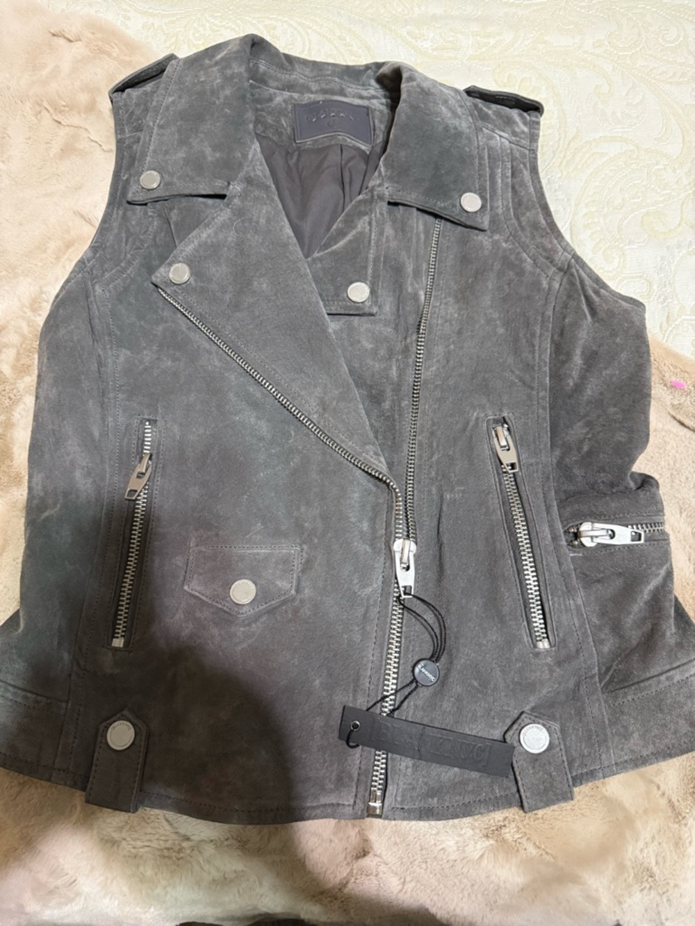 Blank NYC Gray Suede Moto Vest with Silver Zippers